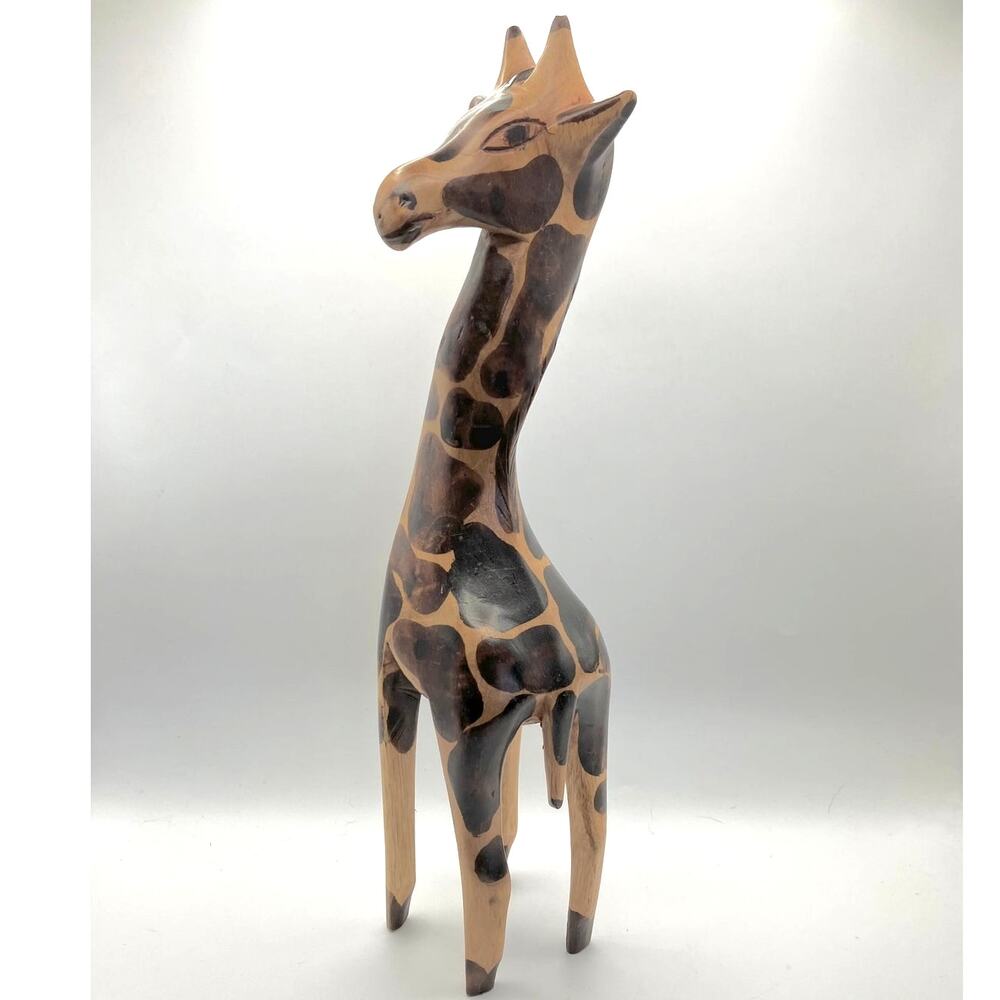 Vintage Hand‎ Carved Wooden 12" tall Giraffe Figurine African Folk Art Statue